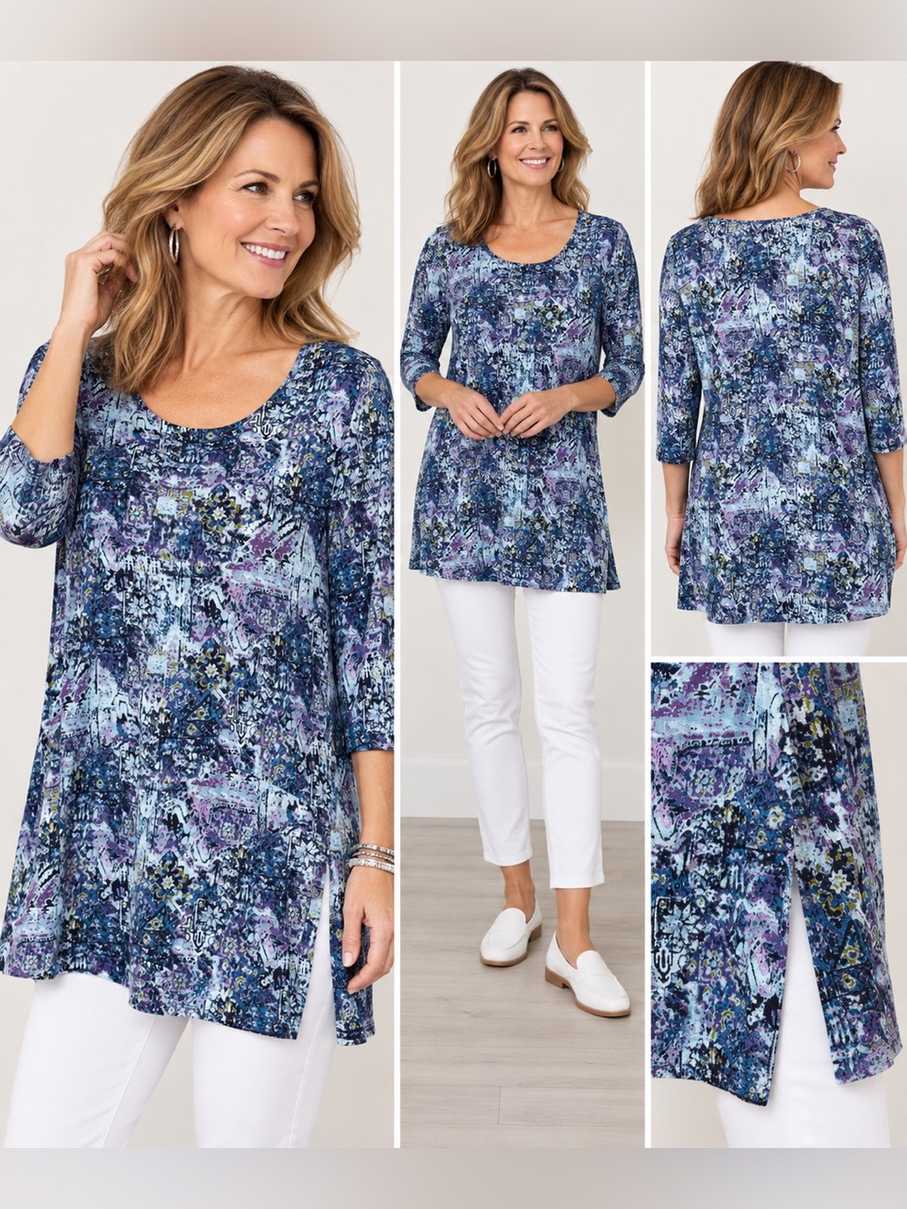 Pure Jill Printed Knit Tunic Top Blue Purple large Petite